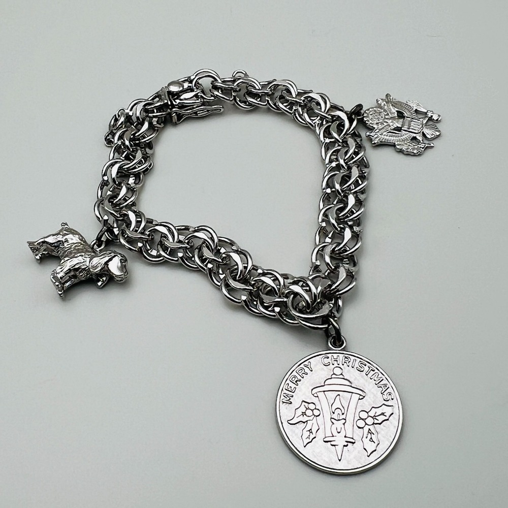 American Sterling Charm Bracelet vintage Dog Military Christmas Charms 27 grams